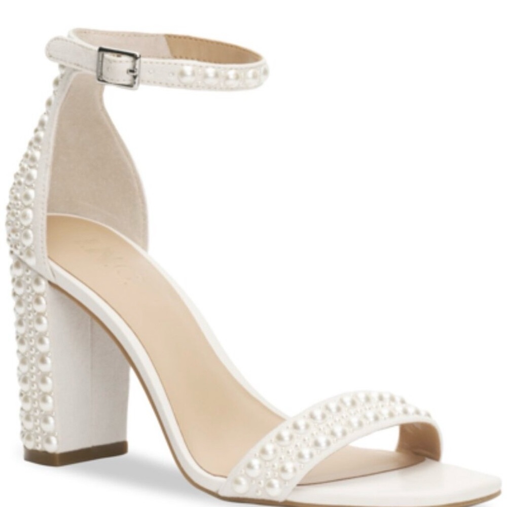 INC International Concepts White Pearl-Embellished Ankle-Strap Block Heel - Picture 1 of 9